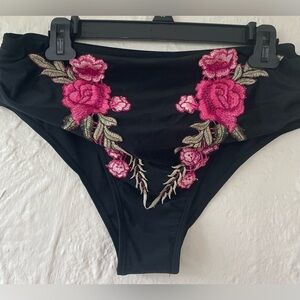 Rosegal black high waisted bikini bottoms, pink/green floral embroidery; L / 14